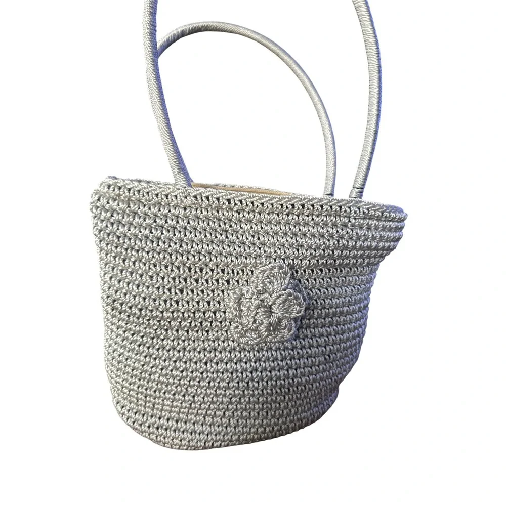 Silver Metallic Gray Crochet Shoulder Bag Floral Zip Tote Handcrafted VTG EUC